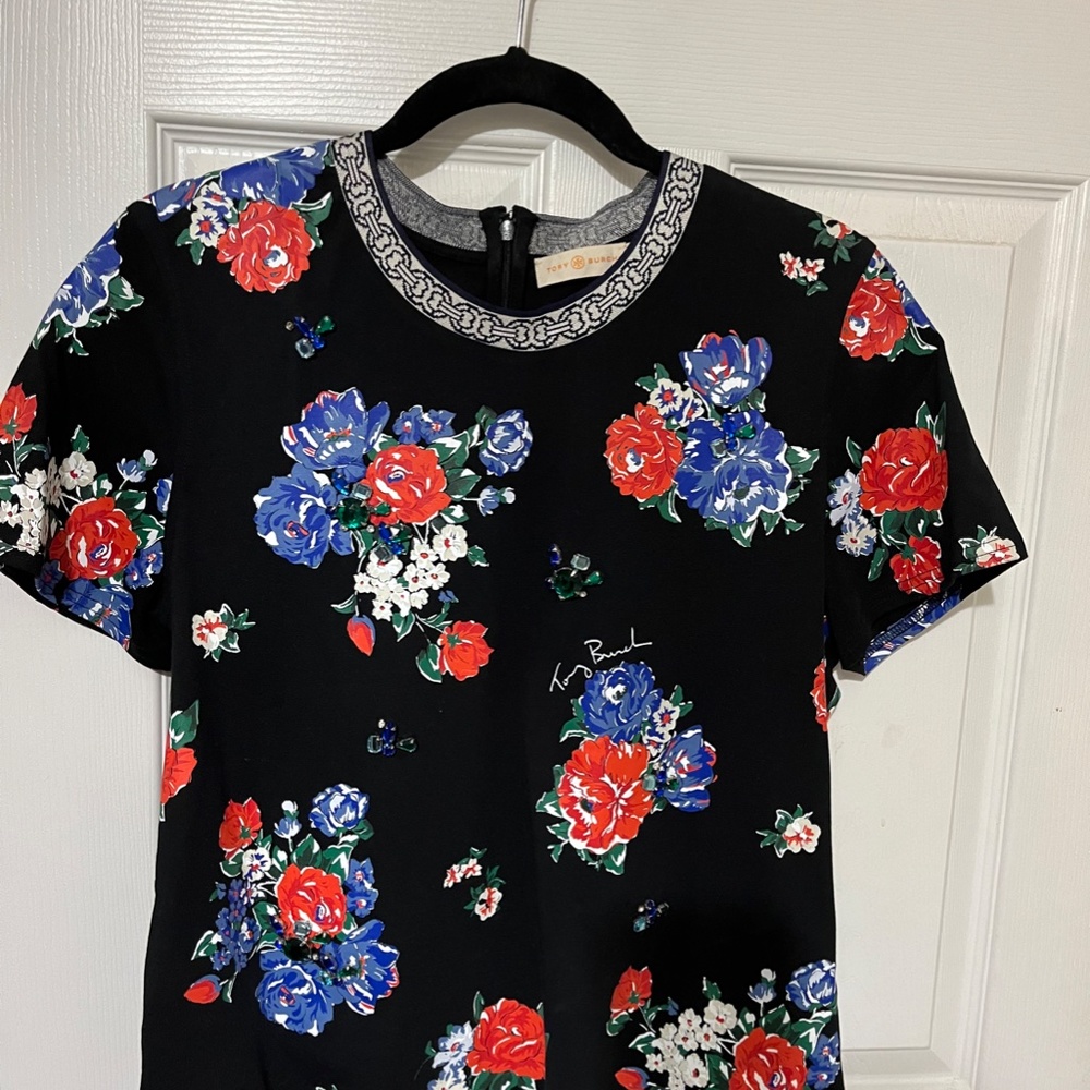 Tory Burch Navy Tea Rose Bejeweled Shirt